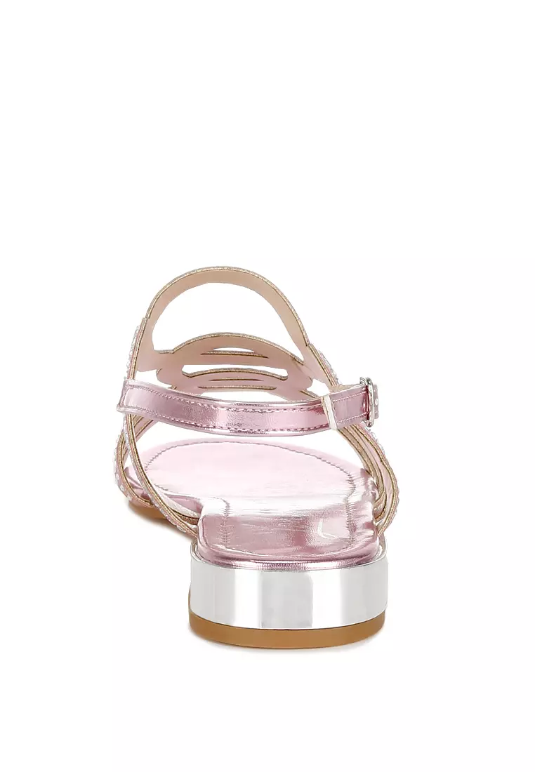 Cut Out Detail Rhinestone Flat Sandals in Pink