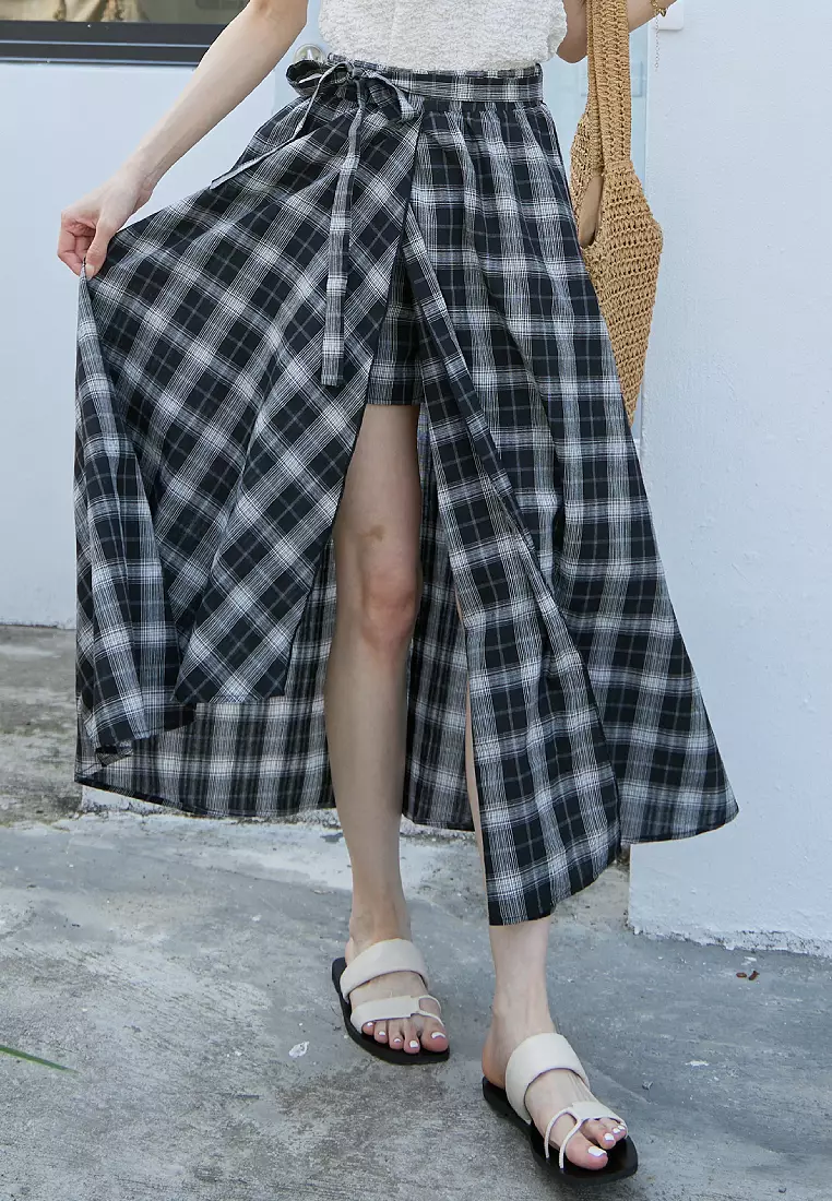 Plaid Elasticated Tie Maxi Skirt with Slit [BA8026]