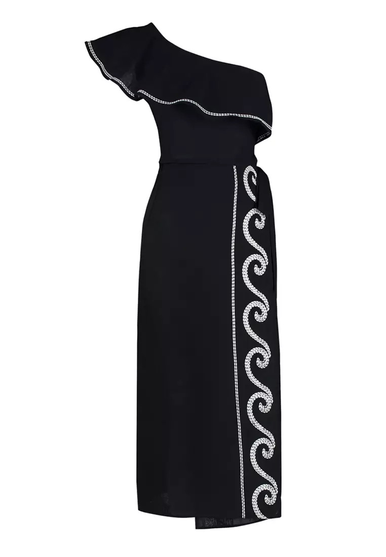 Black Woven Flounce One Shoulder 100% Cotton Blouse Skirt Beach Suit TBESS24AU00009