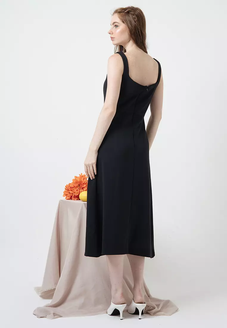 Draped Waist Scuba Tank Dress in Black