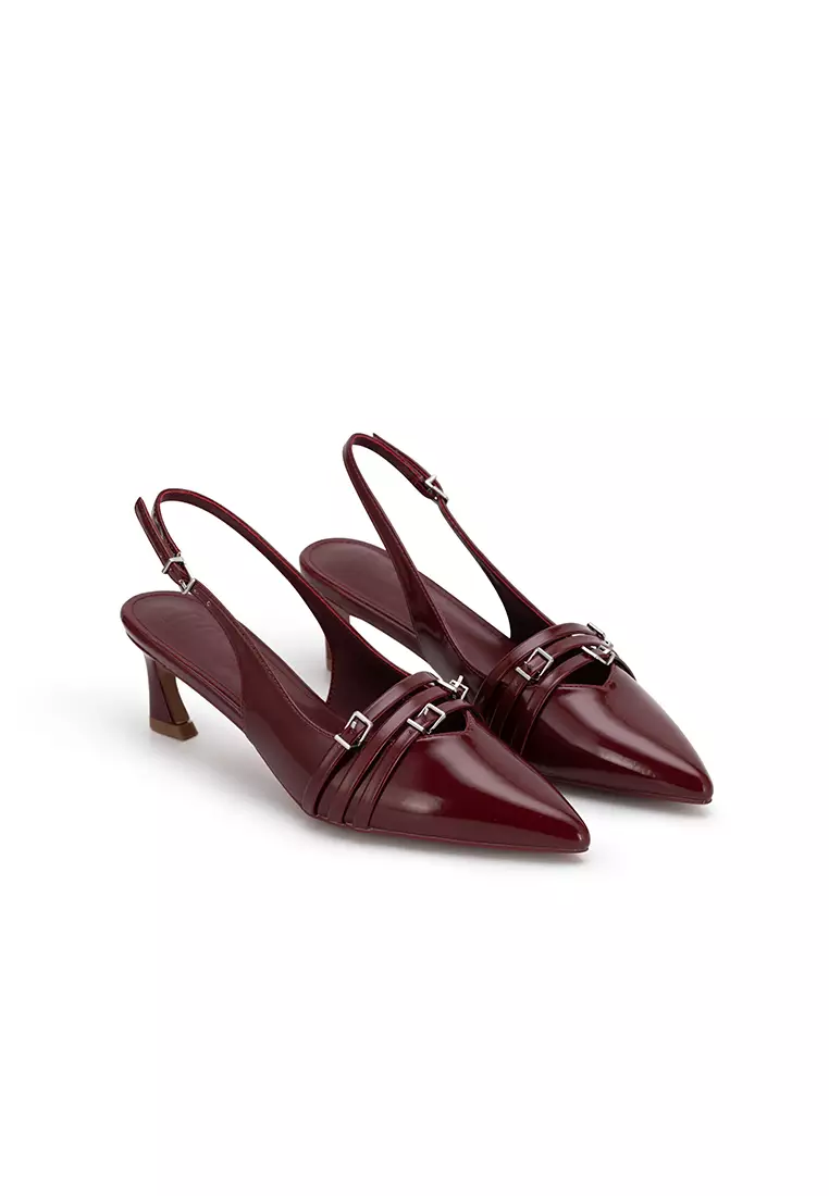 POINTED TOE BUCKLE SLINGBACK HEELS尖头扣饰后空高跟鞋
