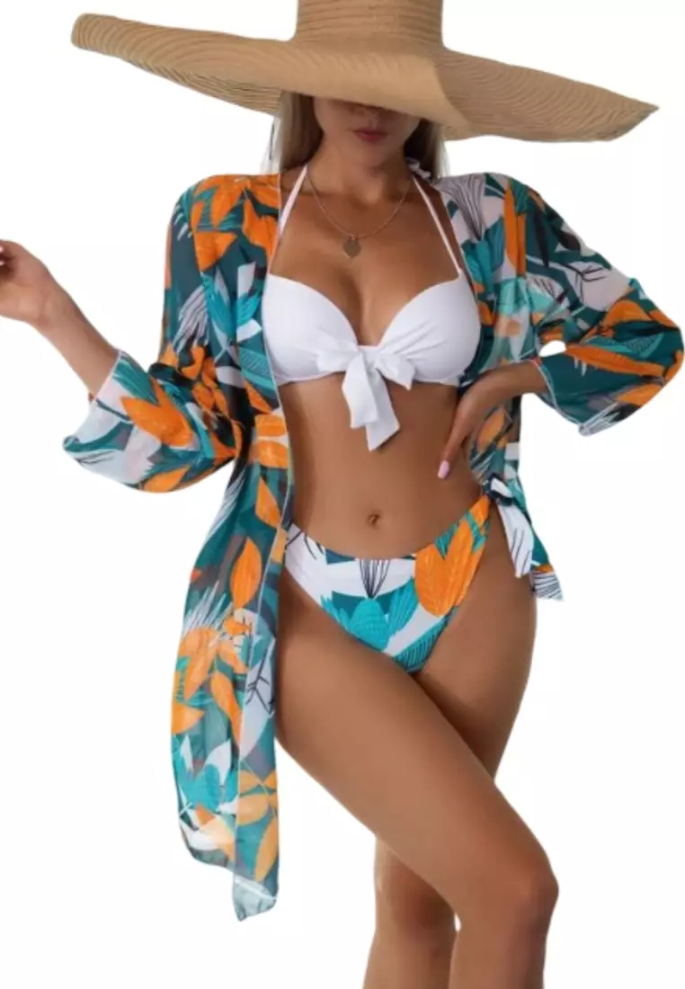 Large size printed mesh three-piece bikini swimsuit