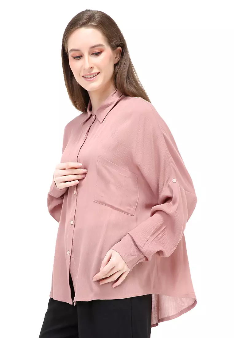 Laura Kemeja Long Sleeves Wanita Motif Polos Atasan Wanita Casual - Mauve