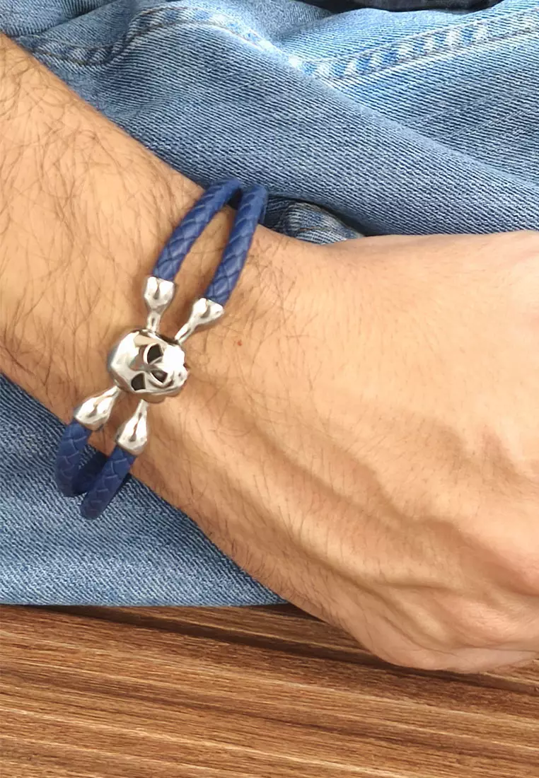 Accessories Gelang Pria Skull Hola Leather Bracelet Silver & Blue