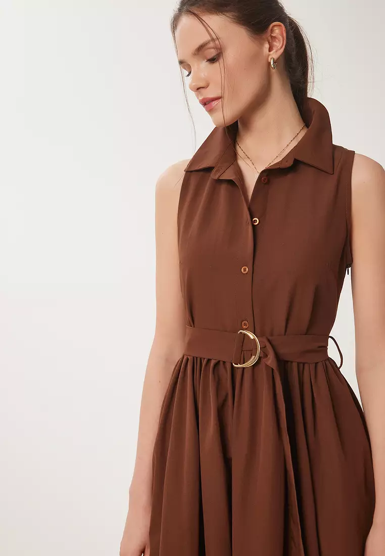 Women's Brown Belted Poplin Midi Shirt Dress Ub00354