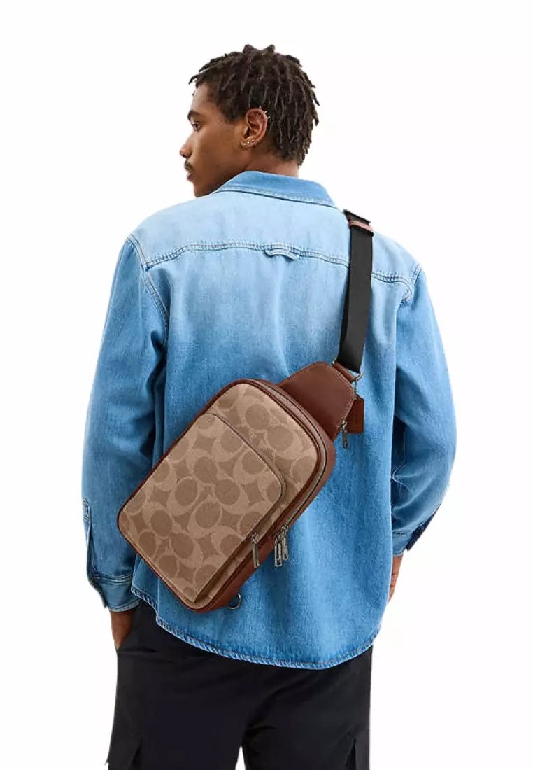 COACH Coach Ethan Pack In Signature Canvas Sling Bag In Tan