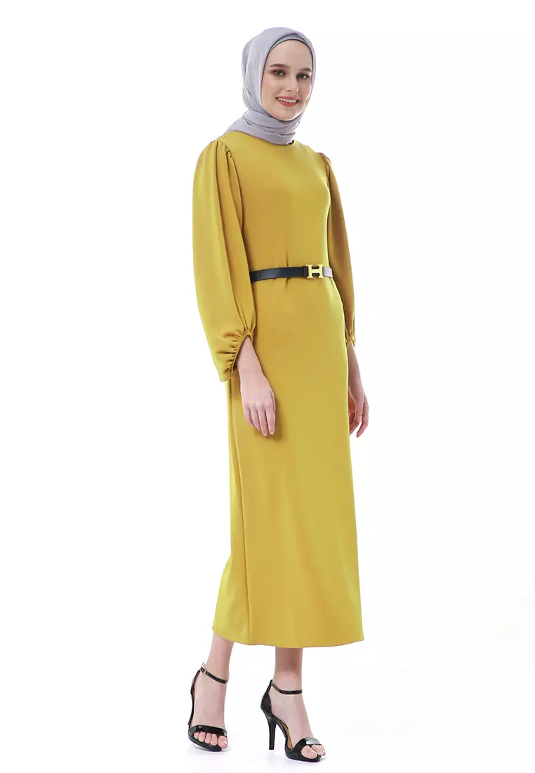 Shima Dress Fashion Muslimah Wanita Long Sleeve Free Belt Premium High Quality - Kuning