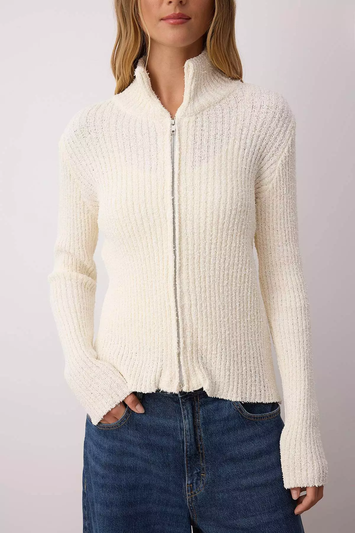 Stone Zipper Stand Collar Soft Textured Cotton Knitwear Cardigan