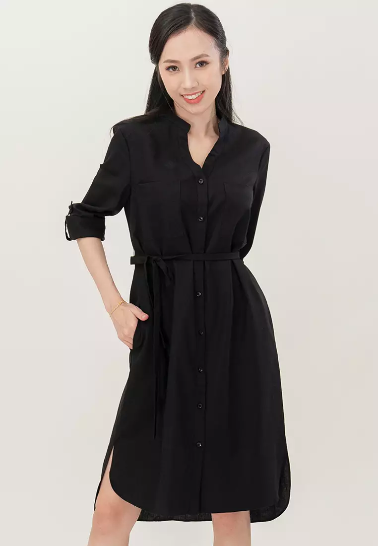 麻料纽扣迷你休闲连衣裙裙