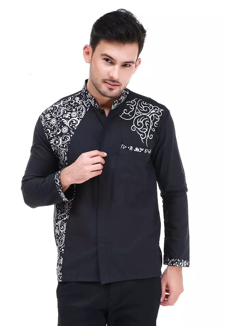 Dwan Kemeja Batik Pria Simple Atasan Formal Longsleeve Shirt Material Cotton ORIGINAL - Black