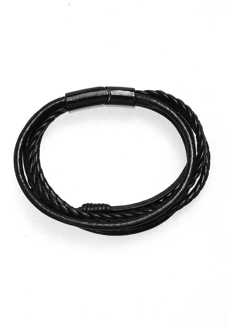 Aleda Gelang Kasual Pria Wanita Aksesoris Fashion Adjustable Desain Mix Kepang Strap Material Leather ORIGINAL - Black Solid