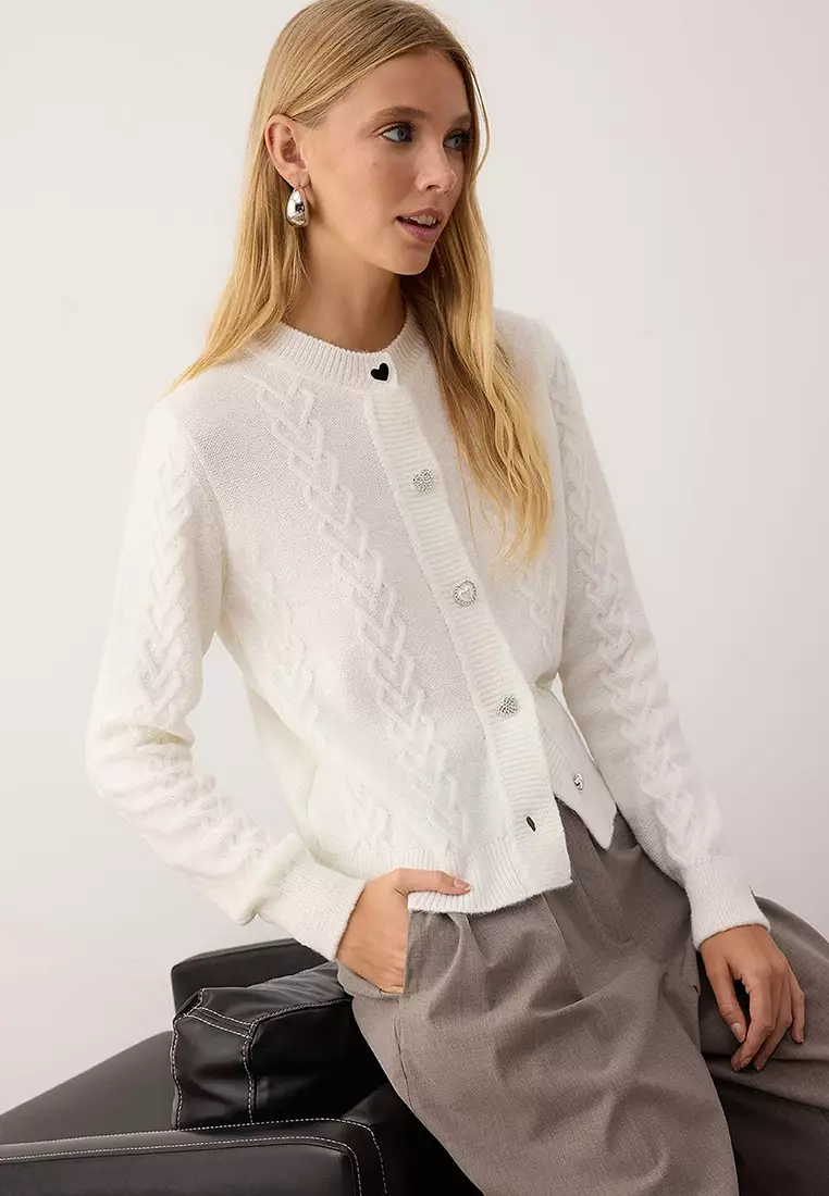 Ecru Knit Button Detailed Soft Textured Knitwear Cardigan