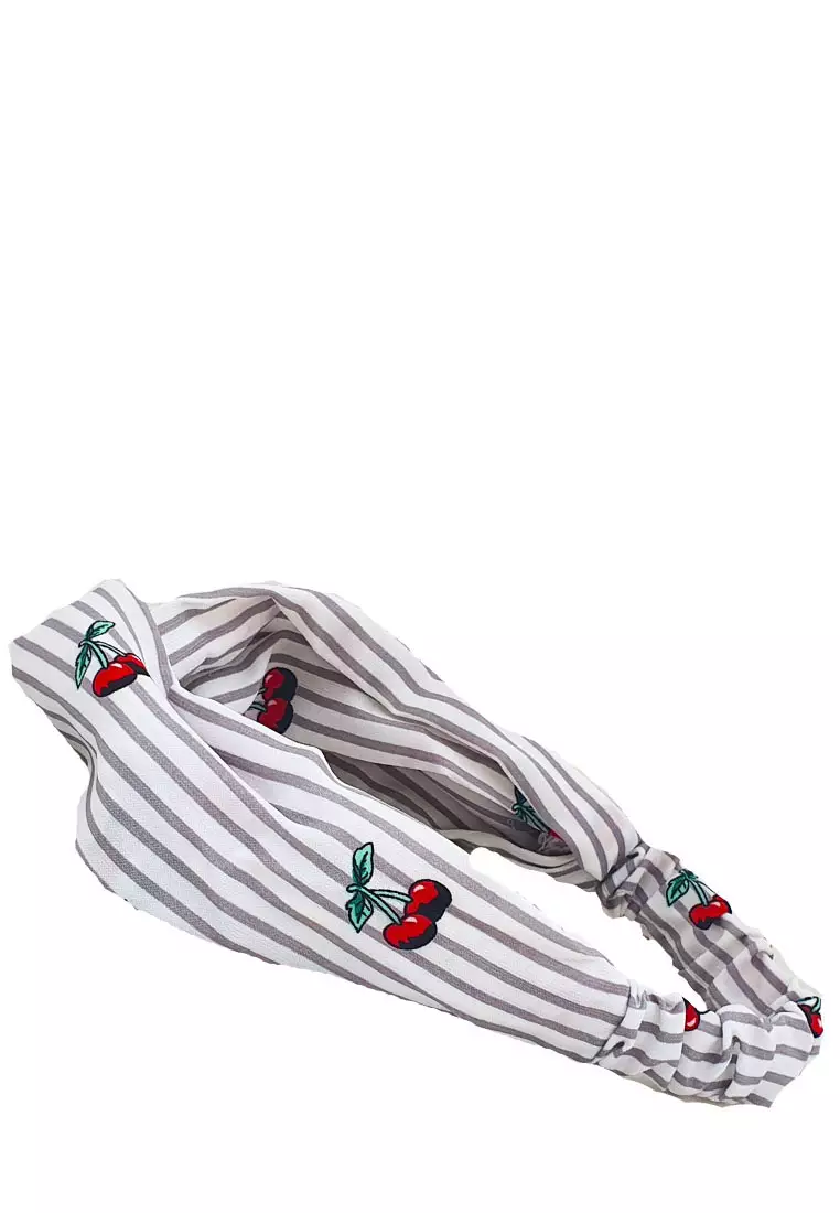 Twisted Headband Striped Cherries Grey