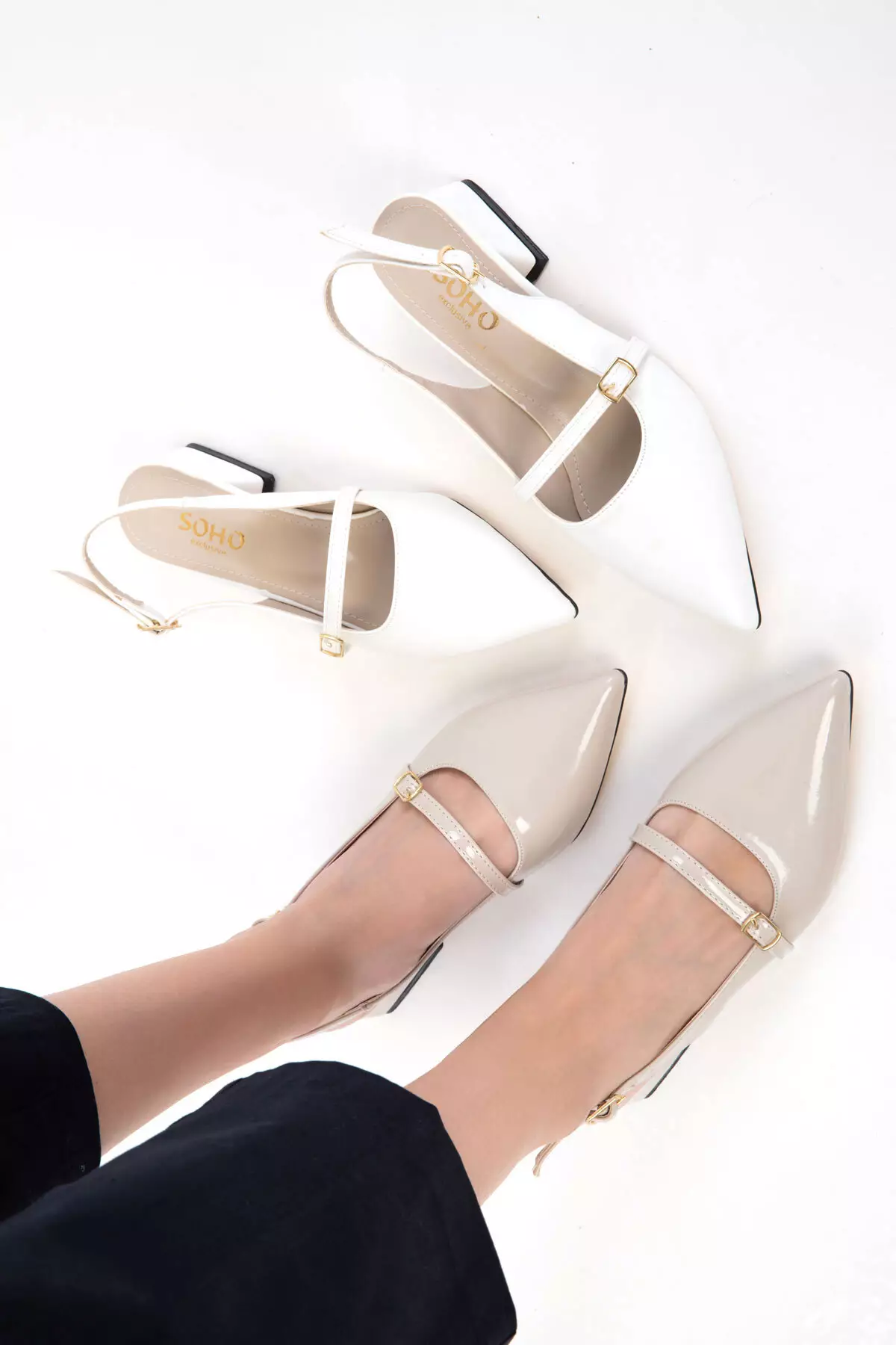 Beige Patent Leather Women's Classic Heeled Shoes 20656