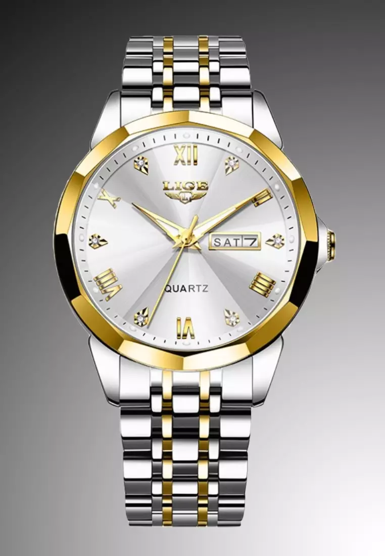 Unisex Stainless Steel Quartz Watch, Grey Dial, Day/Date, Stainless Steel Bracelet