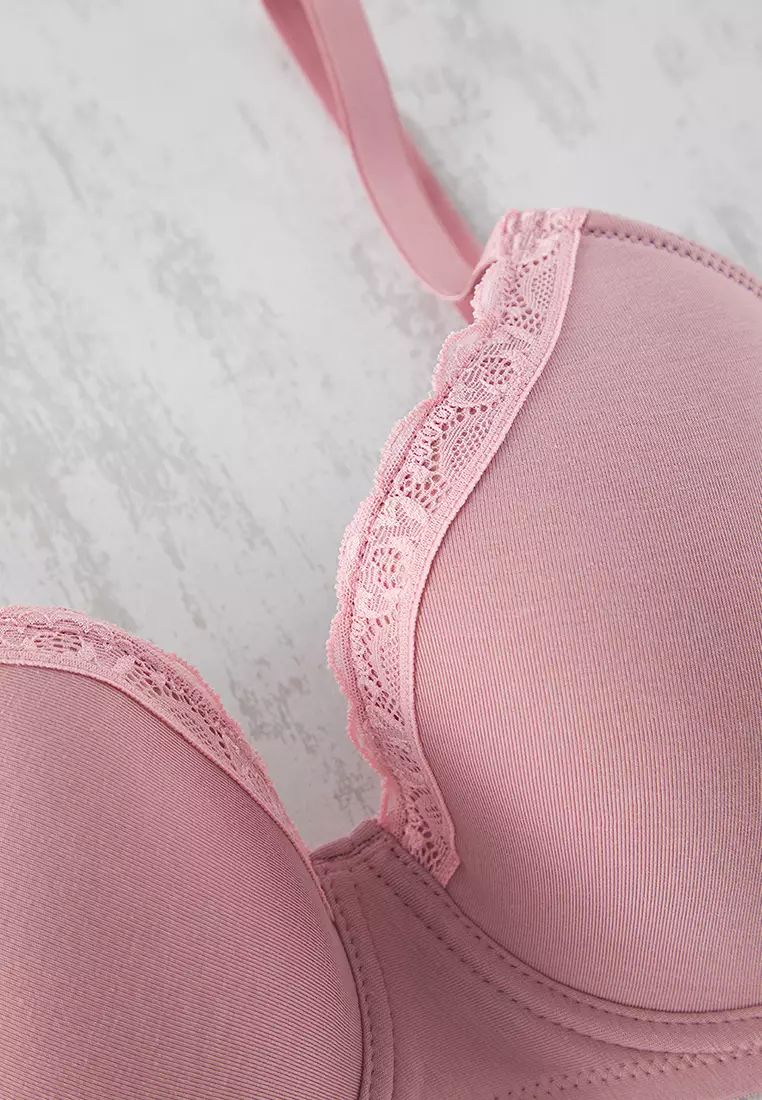 Pink Combed Cotton Lace Detailed Underwire Fixed Cup Large Size Bra Tbbss25Cw00014
