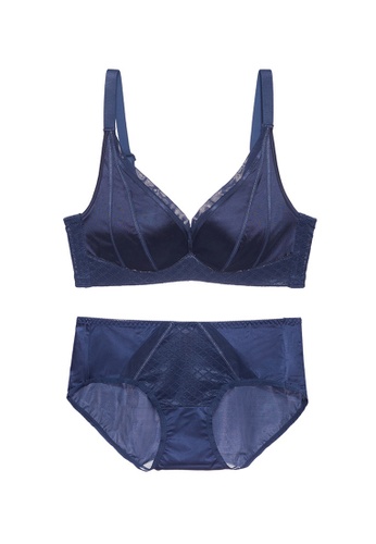 ZITIQUE blue Women's Autumn-winter Glossy Non-wired Push Up Lingerie Set (Bra and Underwear) - Blue 066F9US3834185GS_1