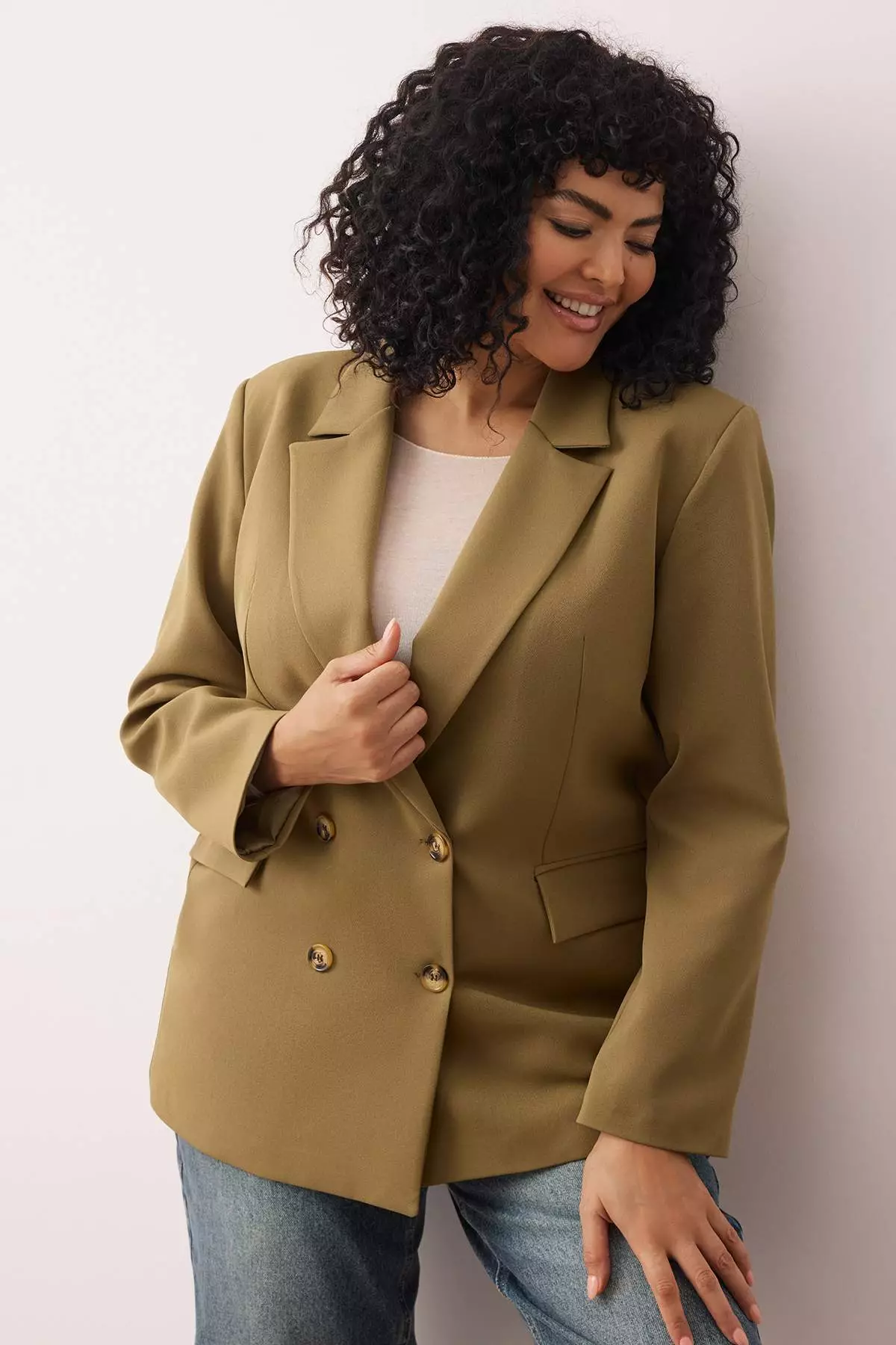 Khaki Oversize Lined Button Woven Plus Size Blazer Jacket Tbbaw26Ag00006