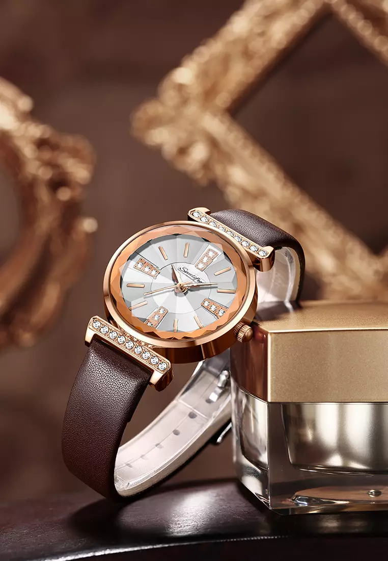 Jam Tangan Wanita Berlian Anggun Gaya Antik Tali Kulit Original Jam Tangan Cewek 8008 brown white