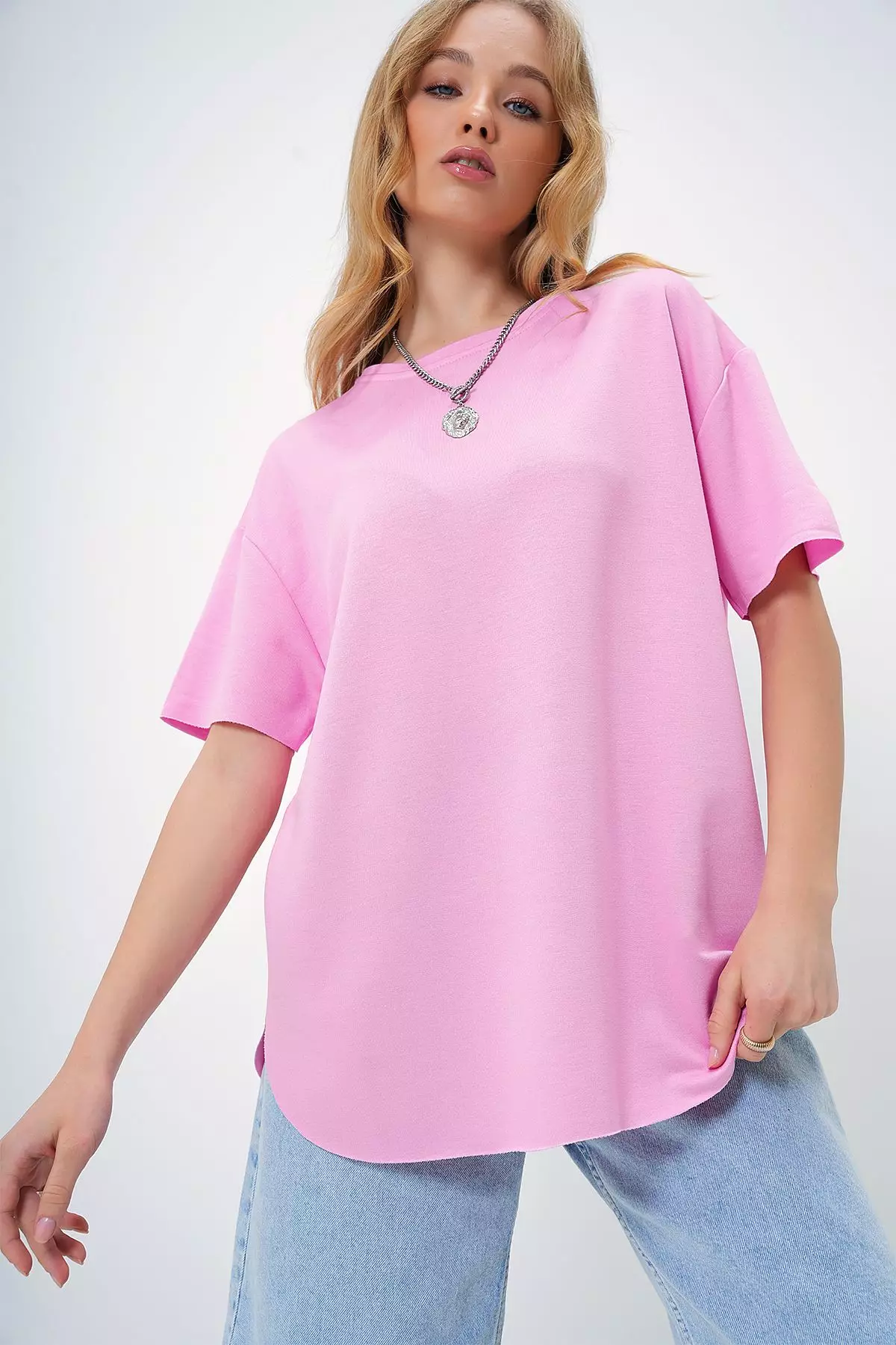 Women's Pink Crew Neck Oval Cut Modal T-Shirt