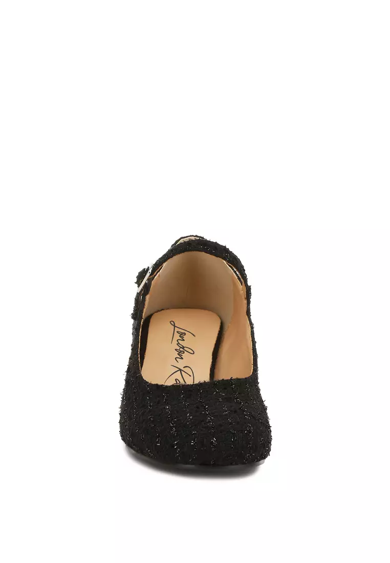 Sandal Mary Jane dari bahan Tweed berwarna hitam
