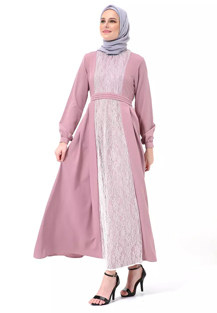 Adinda Dress Muslimah Detail Brukat Lengan Panjang Regular Fit High Quality Premium - Peony