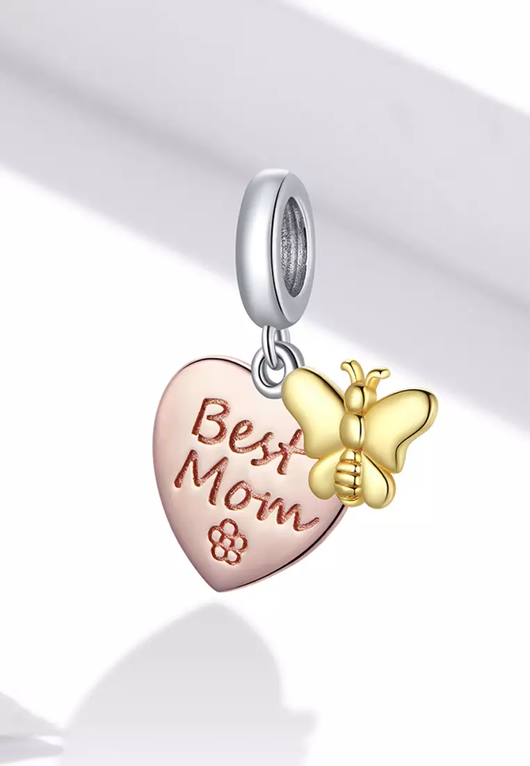 Solid 925 Sterling Silver Best Mom Heart and Butterfly Charm