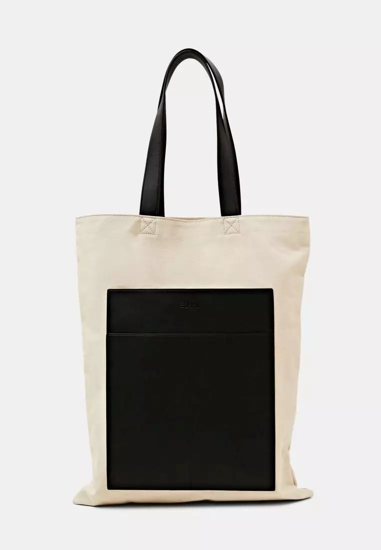 Faux leather trimmed canvas tote bag