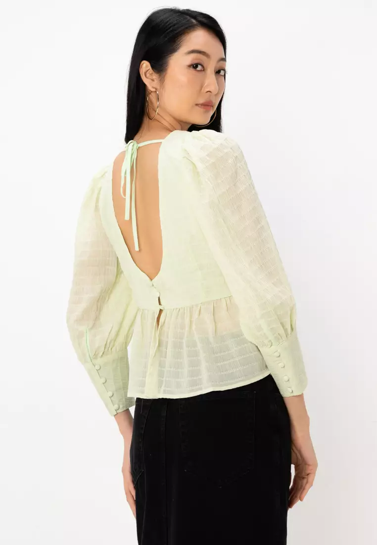 Shirred Peplum Top with Deep Cuff