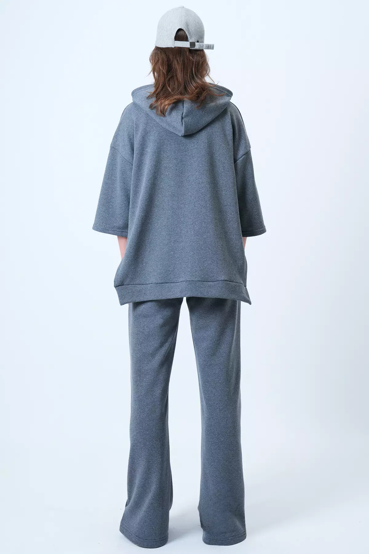 Women'S Anthracite Hooded Sweatshirt With Side Slits And Wide Leg Pants Set Alc-X14607