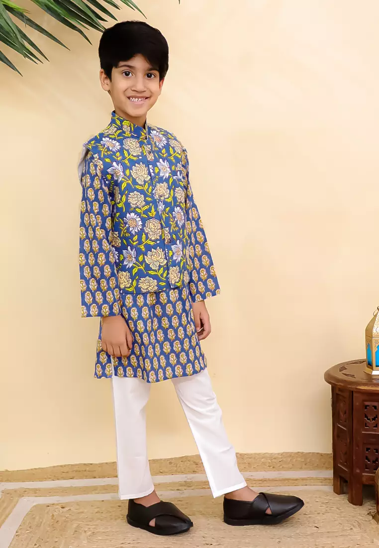 The Mom Store Blaze Boys Jacket And Kurta Pajama Set - Blue