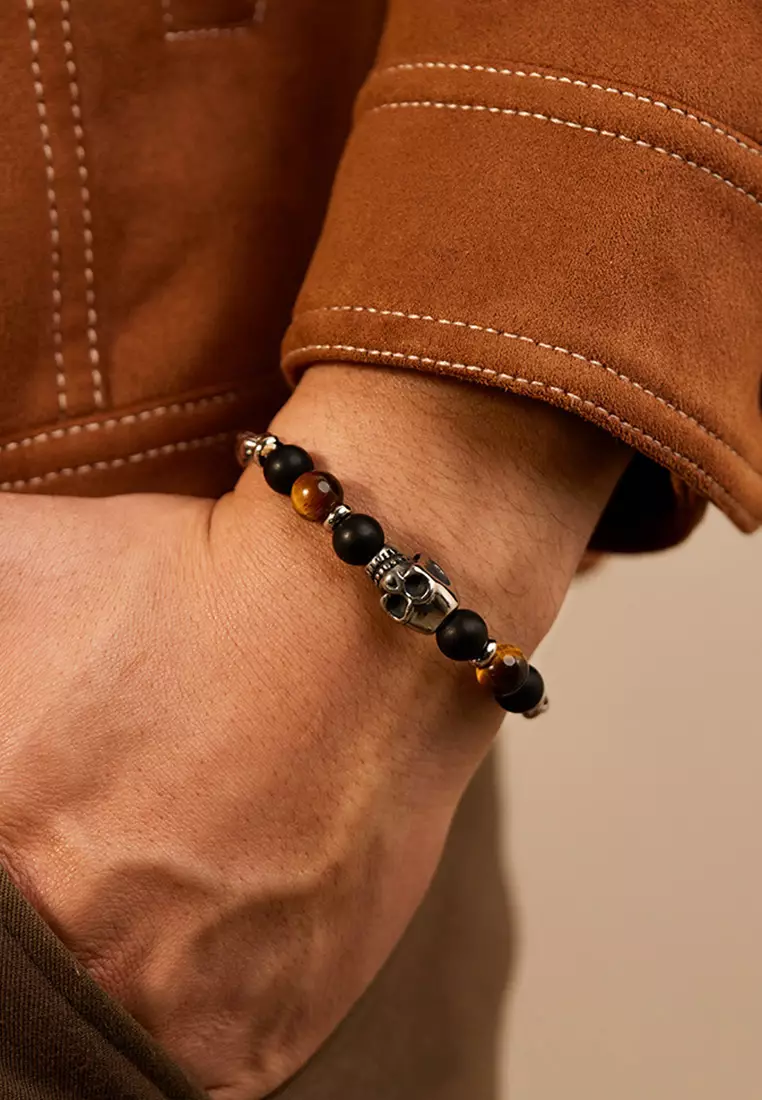 HAPPY FRIDAYS Titanium Steel Tiger Eye Stone Skull Bracelet JW OK