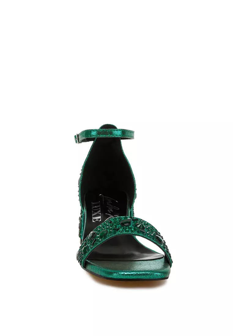 Rhinestone Embellished Shimmer Sandals in Green