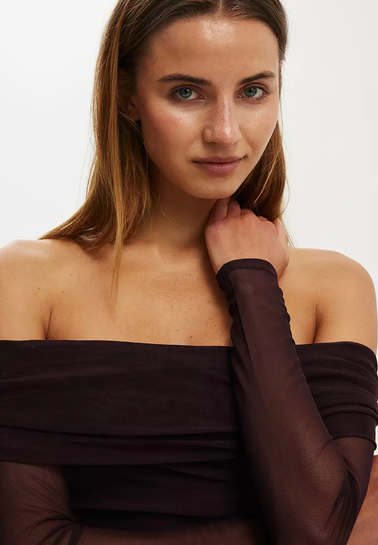 Ashley Off Shoulder Mesh Long Sleeves Top