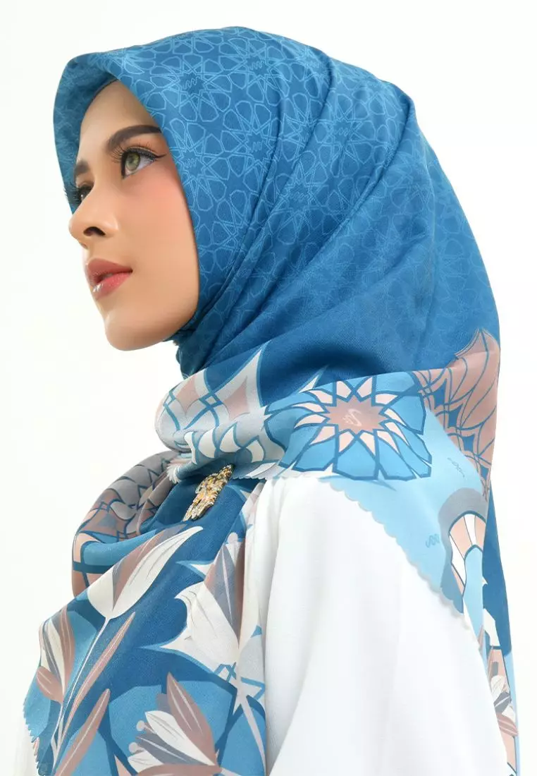 Rabbani - Kerudung Segi Empat Motif Tetra Faiha H0 - Teal Blue