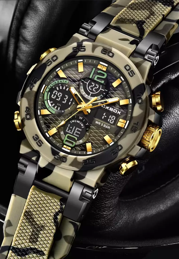 FOXBOX Military Style Chronograph, Unisex Digital/Analogue Quartz Watch, Camouflage Silicone