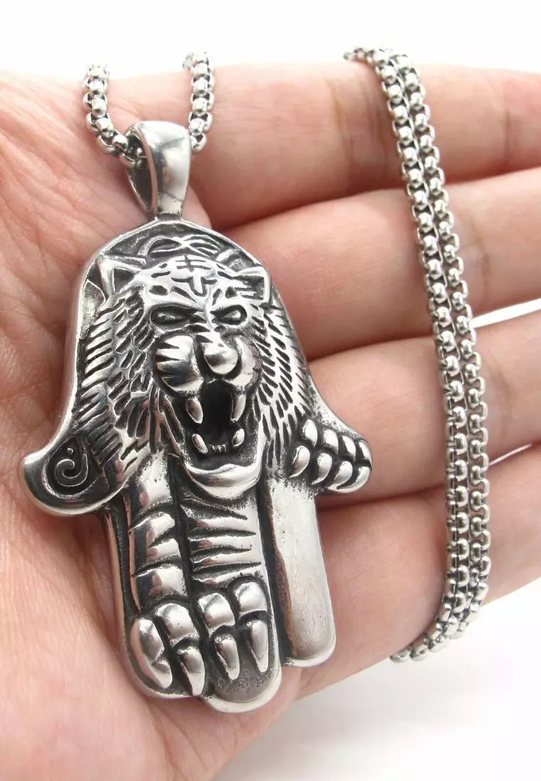 Aksesoris Pria Tiger Hand Pendant Premium Stainless Steel Necklace Kalung Pria Silver