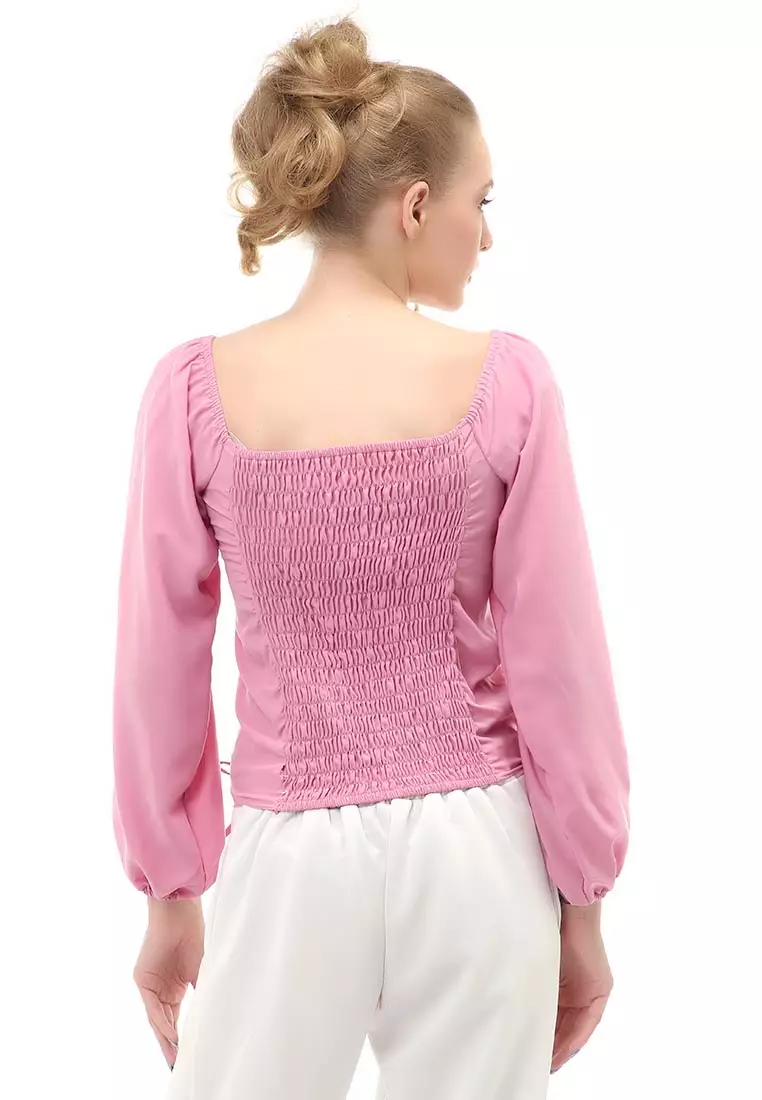 Cheva Blouse Atasan Wanita Sabrina Tali Lengan Panjang Casual Top Long Sleeve Comfortable Material Wolfis ORIGINAL - Dusty Pink