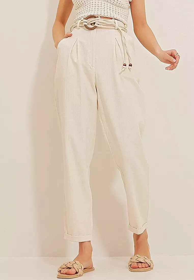 Women's Striped Drawstring Waist Tapered Pants With Folded Hem