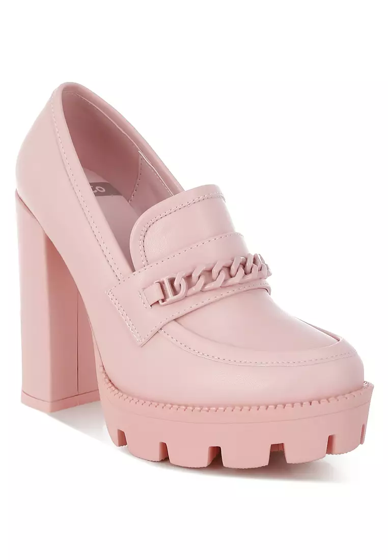 Chunky Chain Link Heeled Loafers in Pink