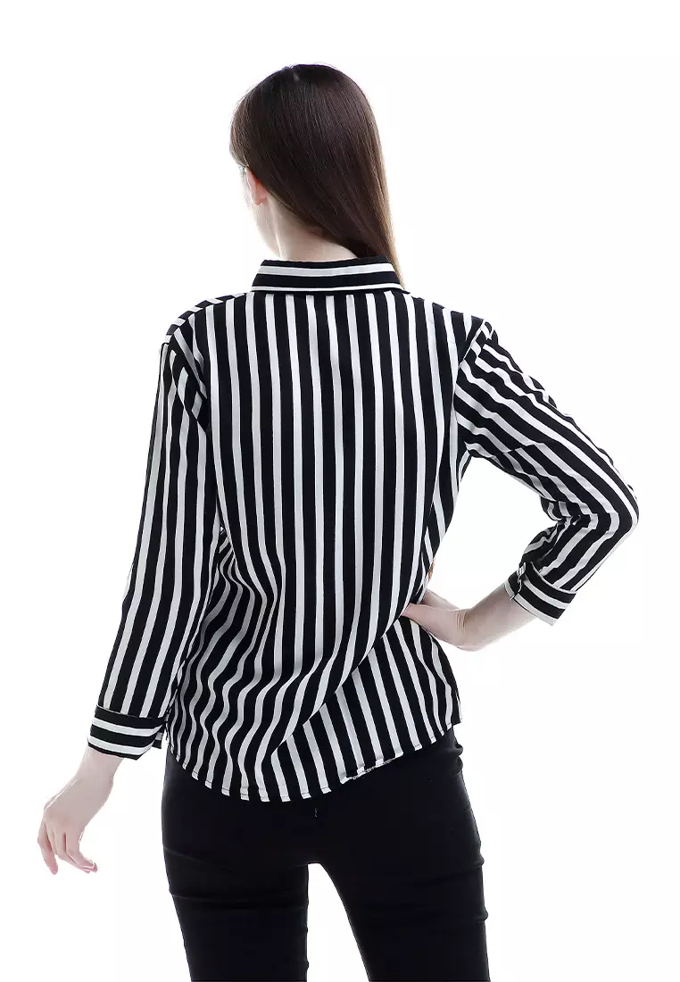 Carmel Long Shirt Motif Pattern Dual Tone Color Woman Design Chic - Hitam