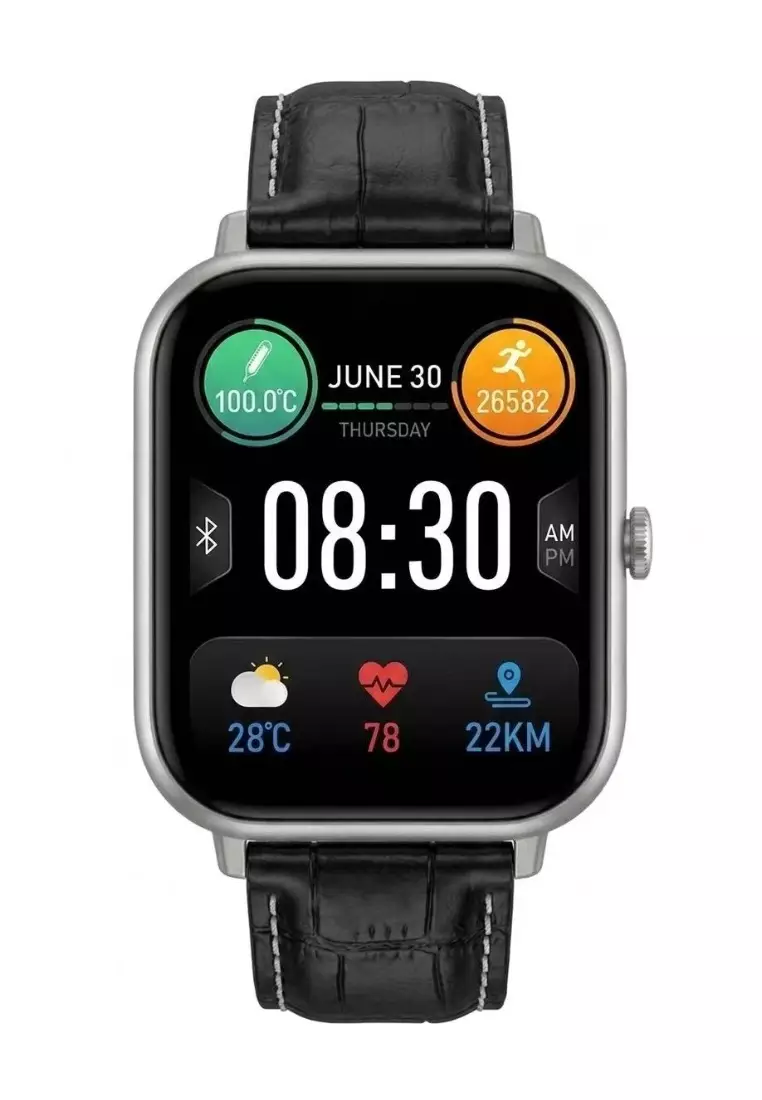 Smart and Elegant - Unisex Rectangular Smart Watch iOS/Android - Leather Strap + 1 Silver Silicone Strap