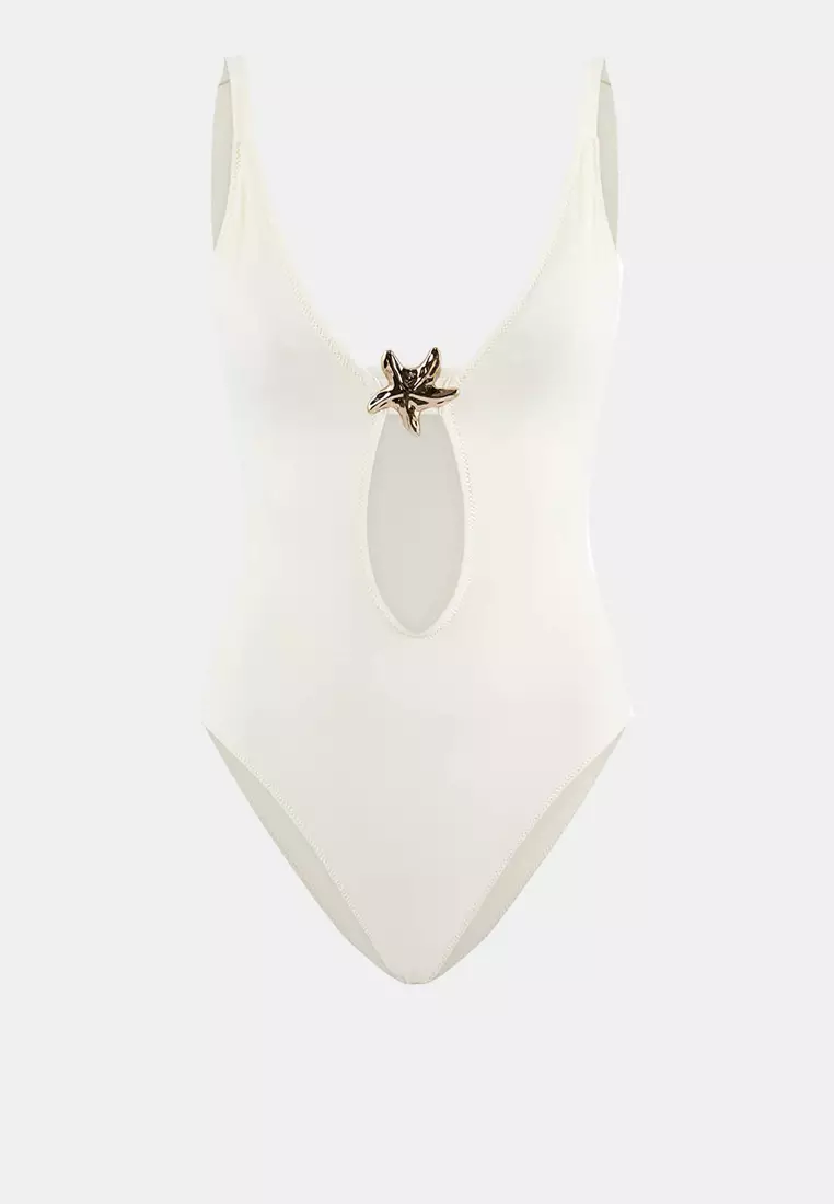 Ecru V-Neck Covered Regular Swimsuit With Cast Accessories Tbess26Ma63