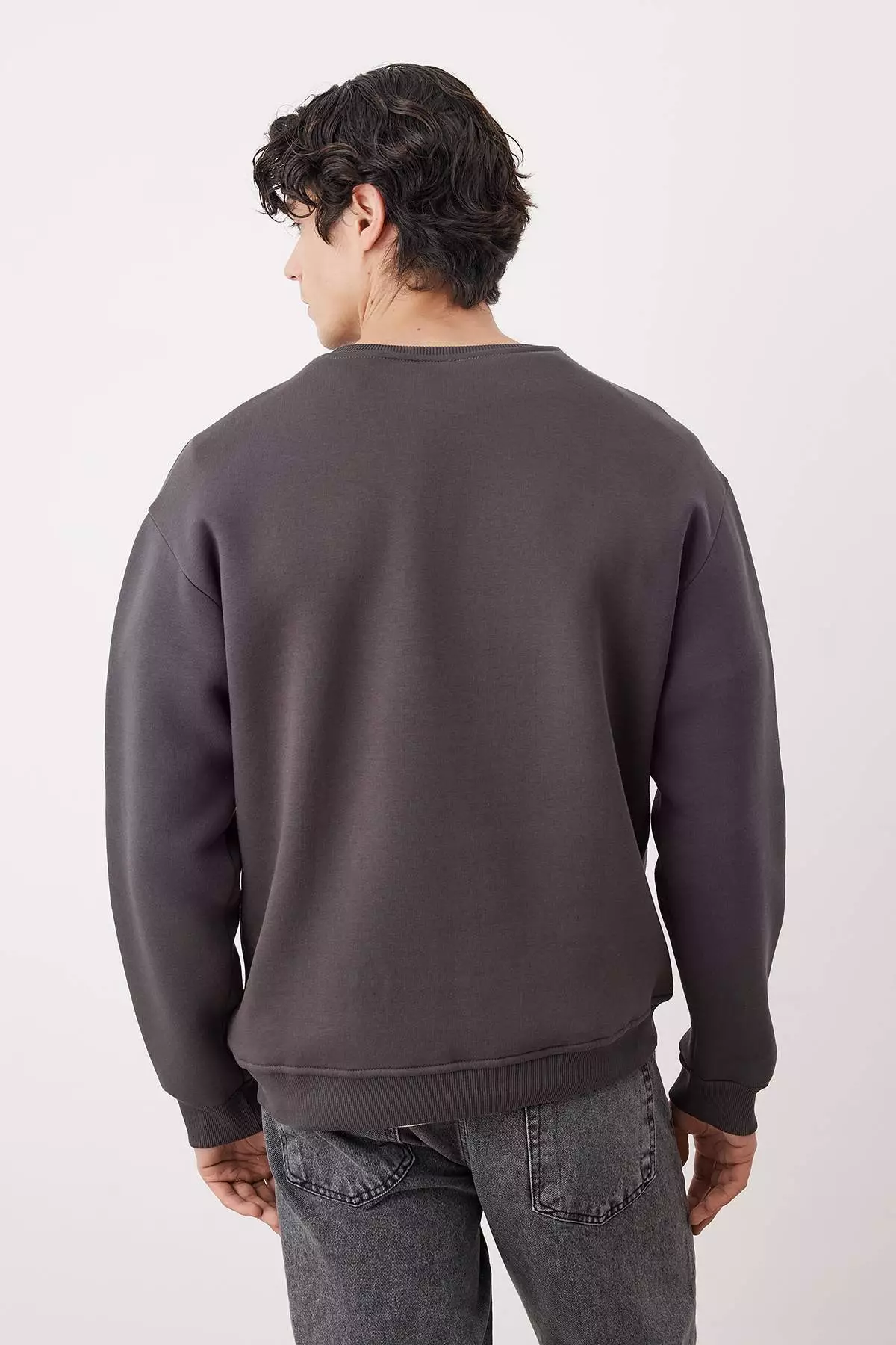 Anthracite Crew Neck Oversize/Wide Cut Polar Fleece Inside Penguin Embroidery Sweatshirt