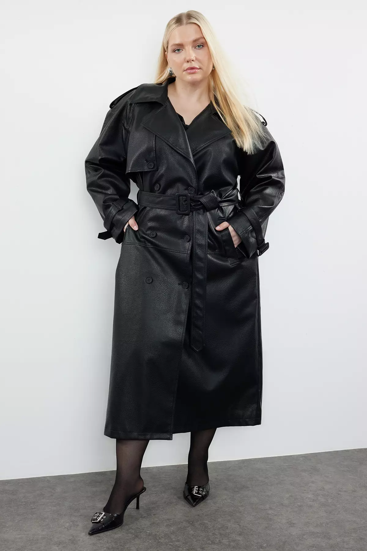 Regular Fit Midi Length Faux Leather Plus Size Trench Coat
