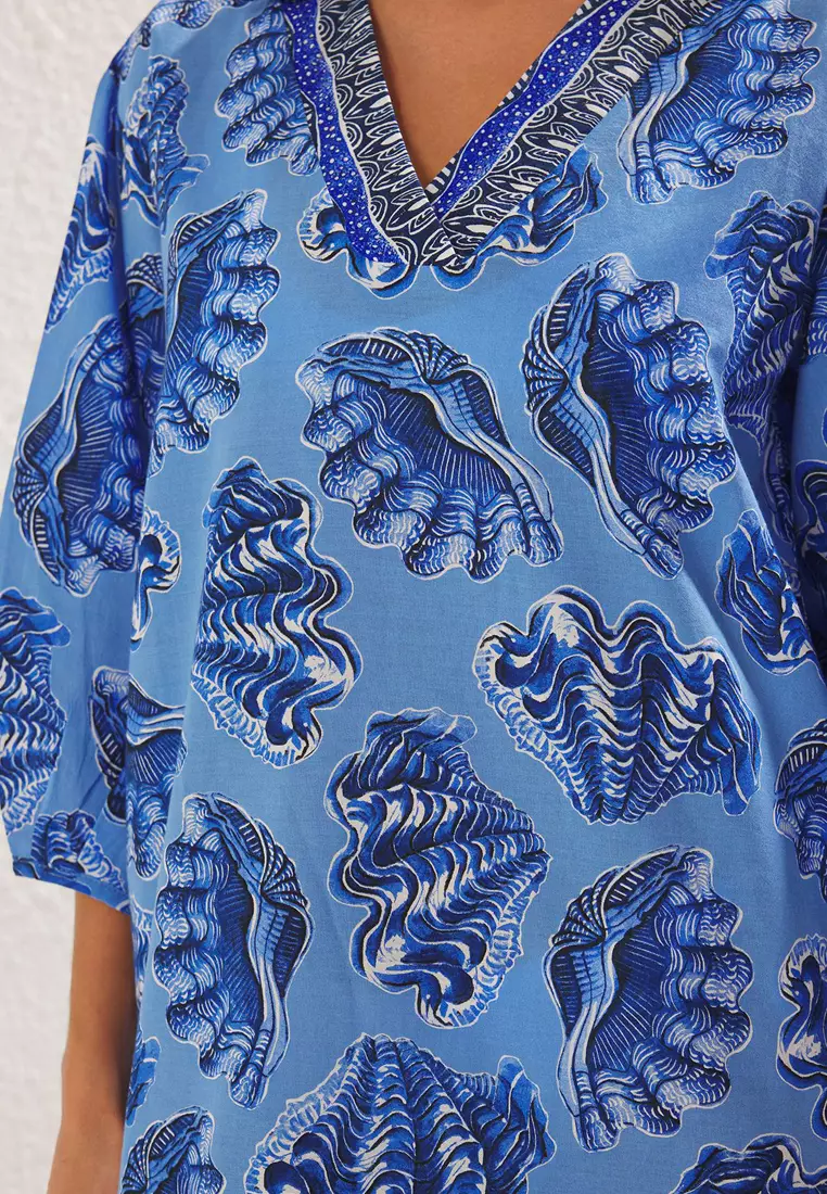 Multi-Colored Slogan Maxi Three-Quarter Sleeve Beachwear Regular Dress