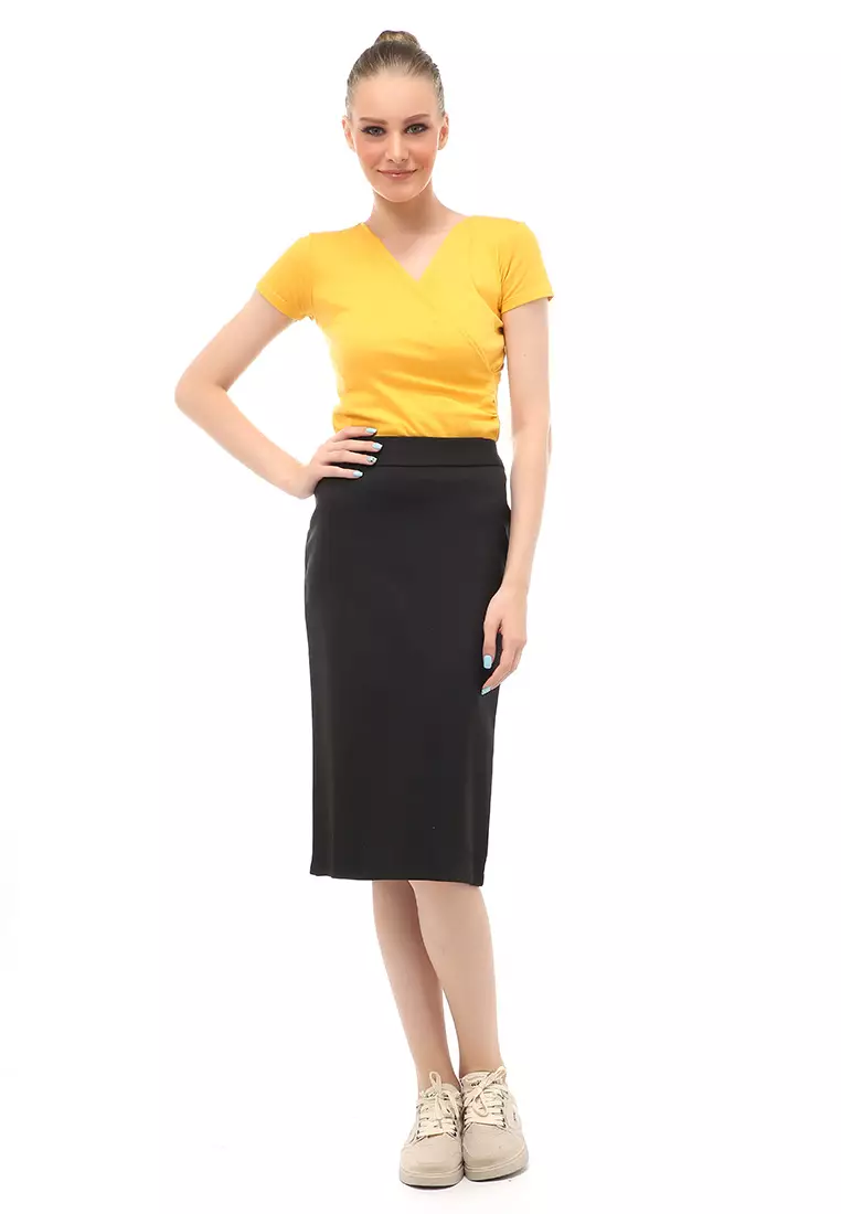 Rok Span 7/8 Design Formal Motif Polos Skirt Kerja Bawahan Wanita - Hitam