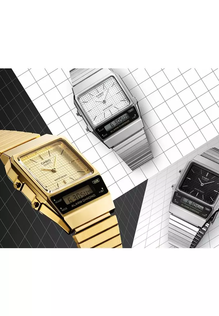 Vintage Analog-Digital Watch AQ-800EG-9A Gold Stainless Steel Band Unisex Watch