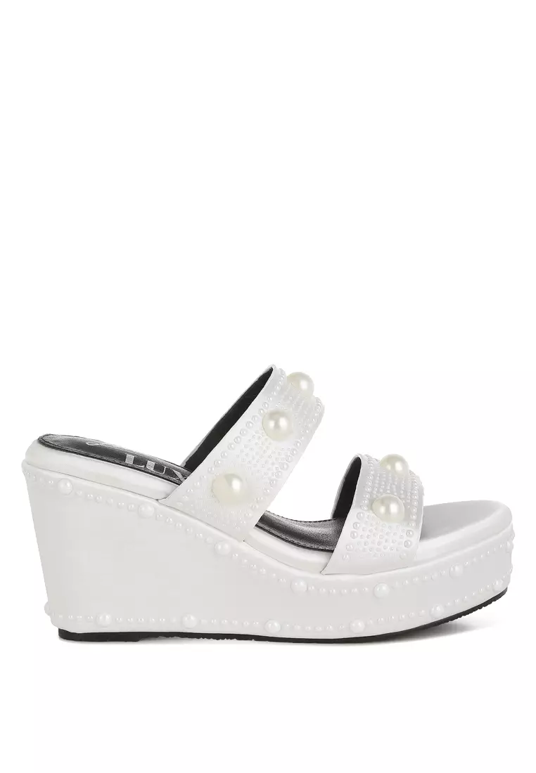 Pearl Embellished Wedge Sandals in White