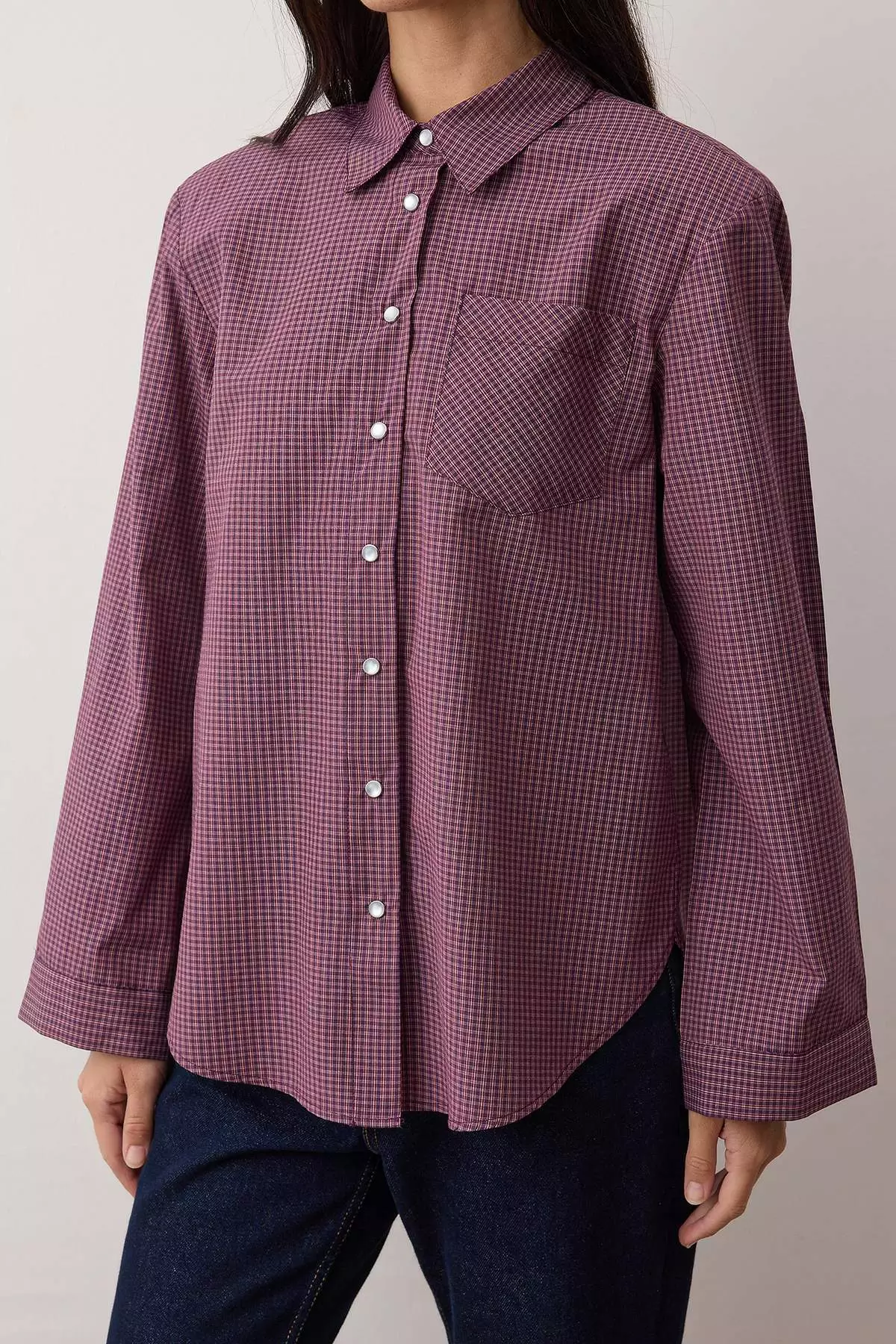 Burgundy-Multicolored Checkered Padded Wide Cuff Oversize Shirt Twoaw26Go127